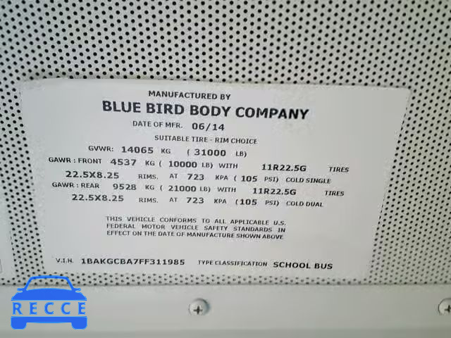 2015 BLUE BIRD SCHOOL BUS 1BAKGCBA7FF311985 image 9