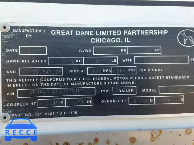 2001 GREAT DANE TRAILER TRAILER 1GRAA06241K236169 Bild 9