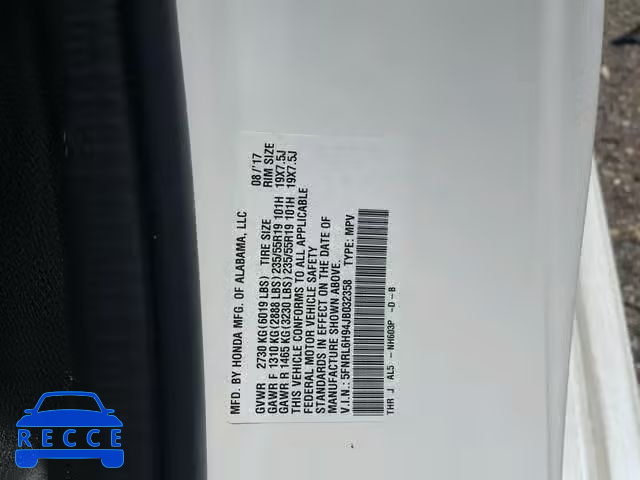 2018 HONDA ODYSSEY EL 5FNRL6H94JB032358 image 9