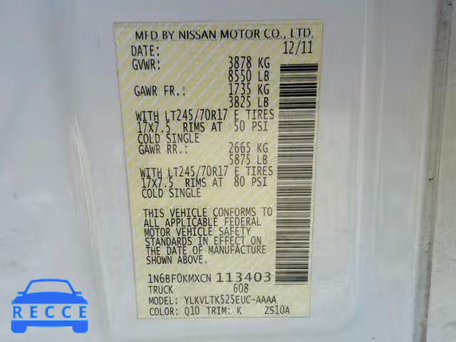 2012 NISSAN NV 1500 1N6BF0KMXCN113403 image 9