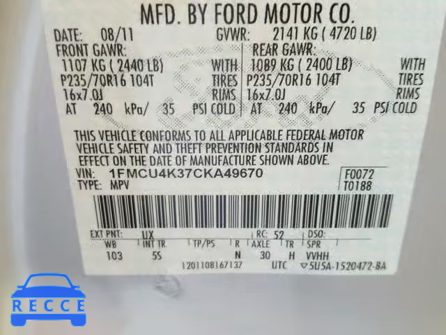 2012 FORD ESCAPE HYB 1FMCU4K37CKA49670 image 9