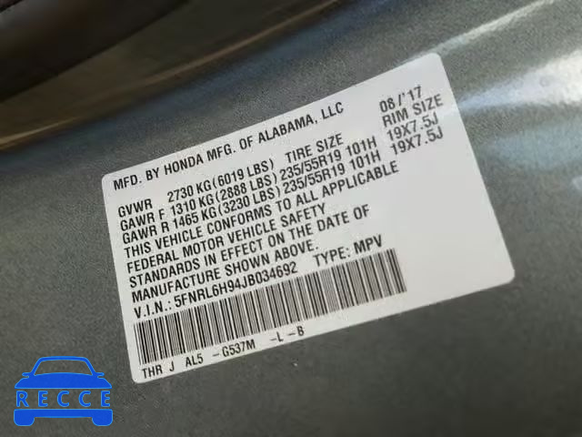 2018 HONDA ODYSSEY EL 5FNRL6H94JB034692 image 9