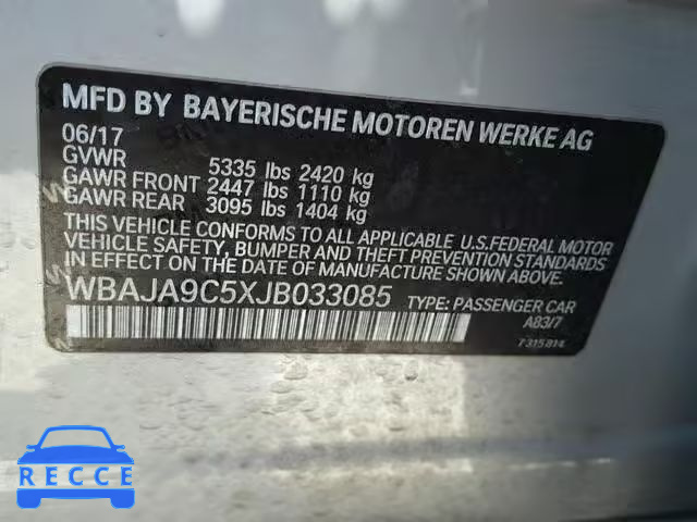 2018 BMW 530E WBAJA9C5XJB033085 зображення 9