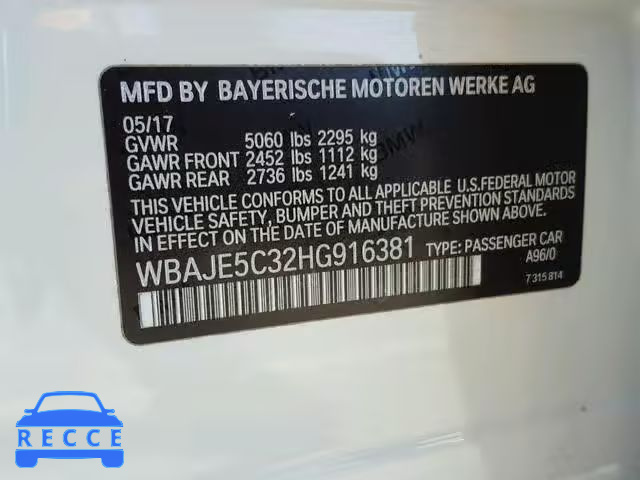 2017 BMW 540 I WBAJE5C32HG916381 зображення 9