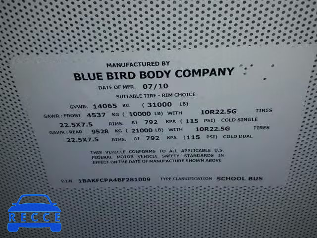 2011 BLUE BIRD SCHOOL BUS 1BAKFCPA4BF281009 image 9