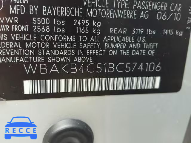 2011 BMW 740 LI WBAKB4C51BC574106 image 9