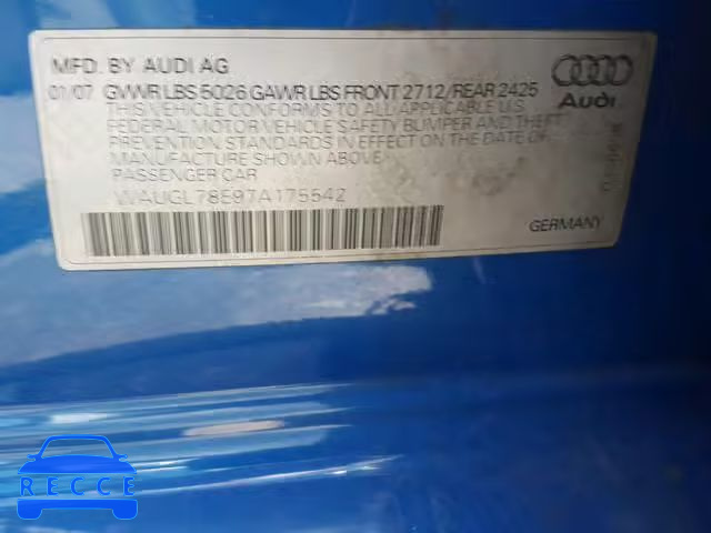 2007 AUDI NEW S4 QUA WAUGL78E97A175542 зображення 9