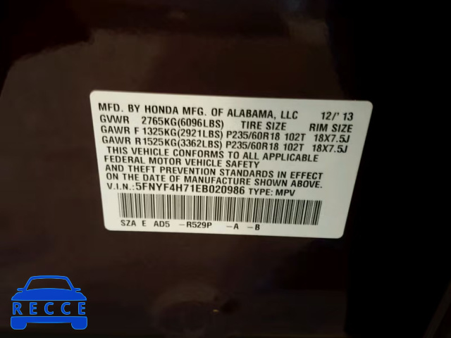 2014 HONDA PILOT EXLN 5FNYF4H71EB020986 image 9