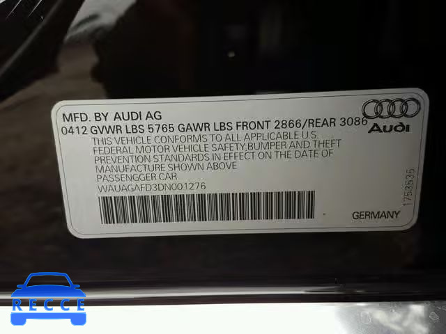 2013 AUDI A8 QUATTRO WAUAGAFD3DN001276 image 9
