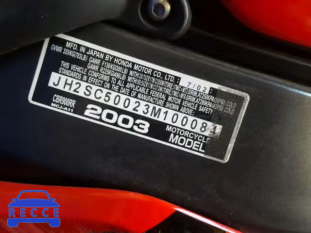 2003 HONDA CBR900 RR JH2SC50023M100084 зображення 9
