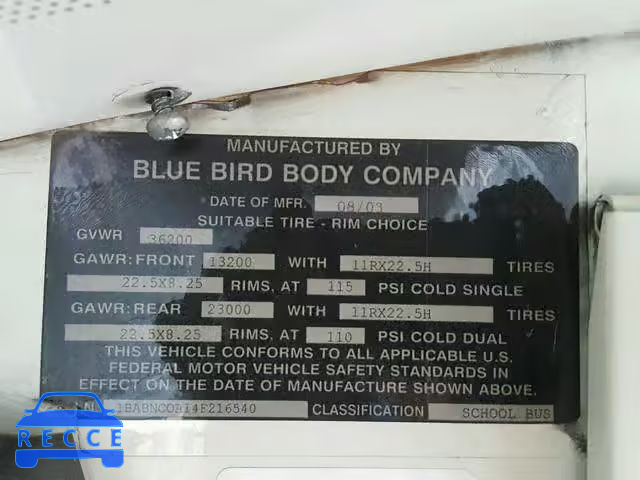 2004 BLUE BIRD SCHOOL BUS 1BABNC0A14F216540 image 9