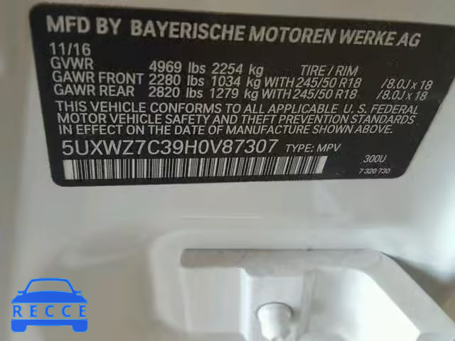 2017 BMW X3 SDRIVE2 5UXWZ7C39H0V87307 зображення 9