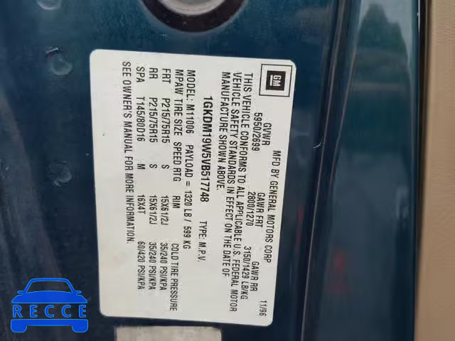 1997 GMC SAFARI XT 1GKDM19W5VB517748 зображення 9