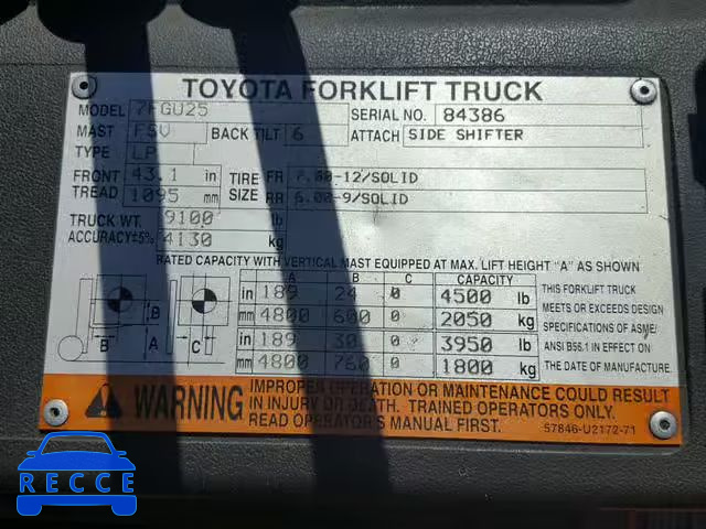 2007 TOYOTA FORKLIFT 84386 зображення 9