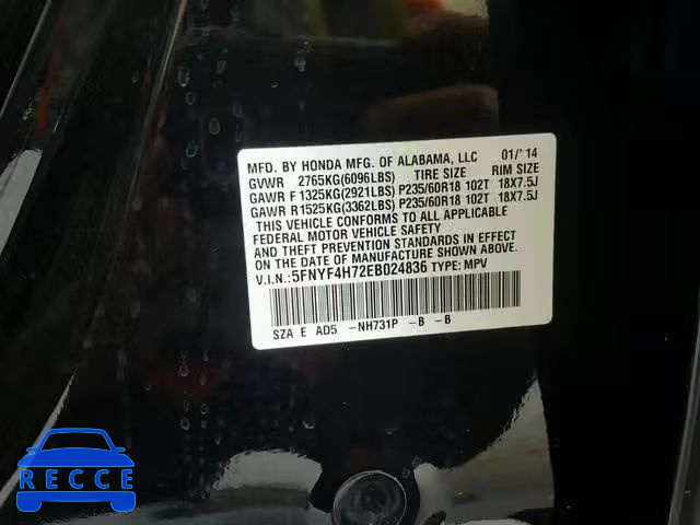 2014 HONDA PILOT EXLN 5FNYF4H72EB024836 image 9