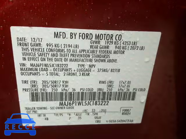 2018 FORD ECOSPORT T MAJ6P1WL5JC183222 зображення 9