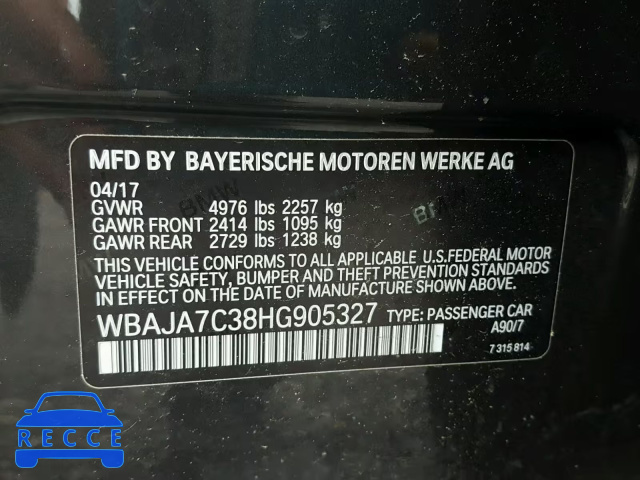 2017 BMW 530 XI WBAJA7C38HG905327 зображення 9