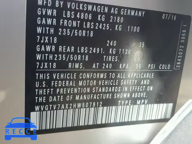 2017 VOLKSWAGEN TIGUAN SPO WVGTV7AX2HW507912 image 9