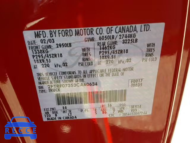 2003 FORD F150 SVT L 2FTRF07353CA60634 image 9