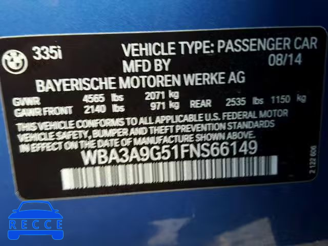 2015 BMW 335 I WBA3A9G51FNS66149 зображення 9