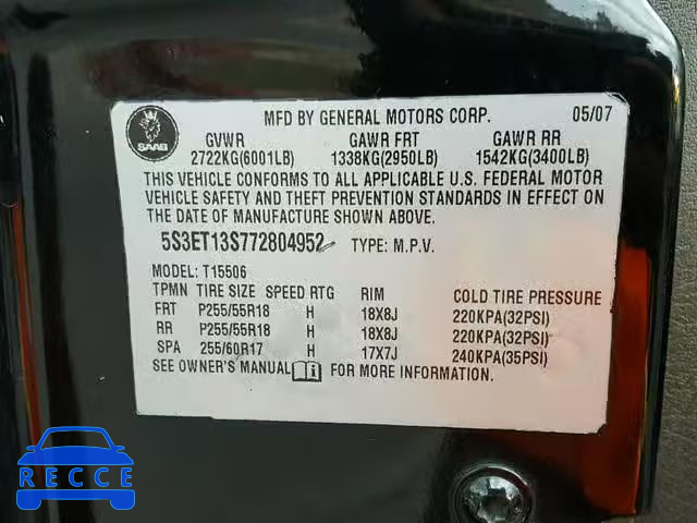 2007 SAAB 9-7X 4.2I 5S3ET13S772804952 image 9