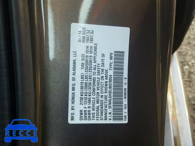 2018 HONDA ODYSSEY EL 5FNRL6H92JB078044 image 9