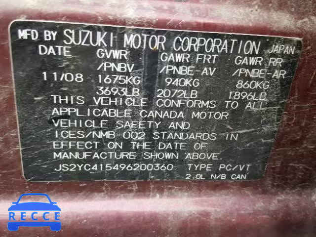 2009 SUZUKI SX4 BASE JS2YC415496200360 image 9