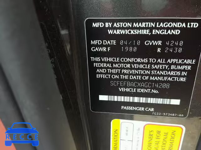 2010 ASTON MARTIN V8 VANTAGE SCFEFBACXAGC14208 image 9