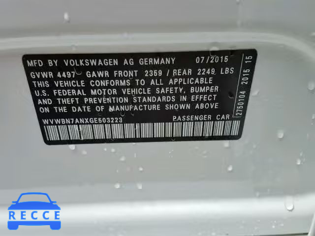 2016 VOLKSWAGEN CC BASE WVWBN7ANXGE503223 Bild 9