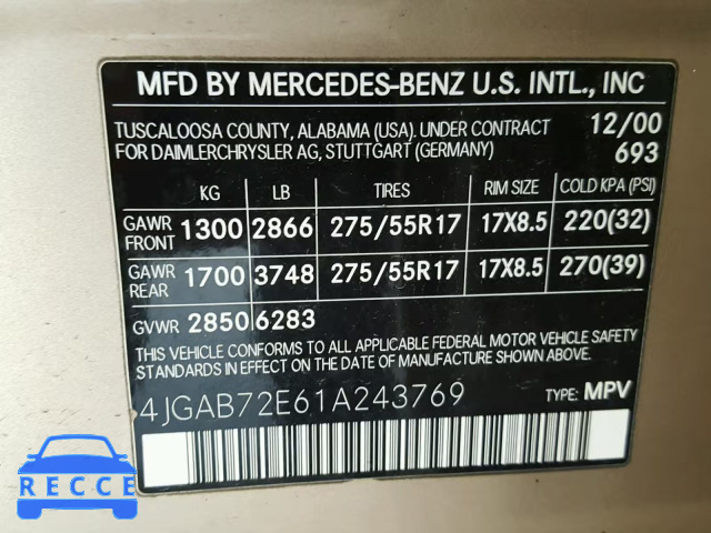 2001 MERCEDES-BENZ ML 430 4JGAB72E61A243769 image 9