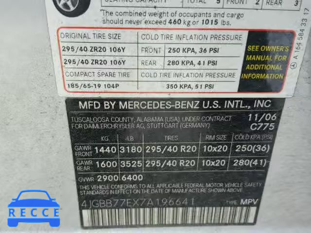 2007 MERCEDES-BENZ ML 63 AMG 4JGBB77EX7A196641 зображення 9