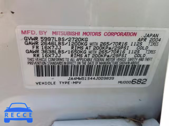 2004 MITSUBISHI MONTERO LI JA4MW51S44J009839 image 9