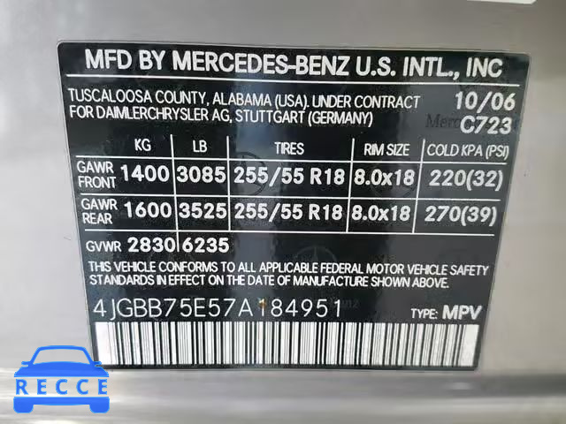 2007 MERCEDES-BENZ ML 500 4JGBB75E57A184951 зображення 9