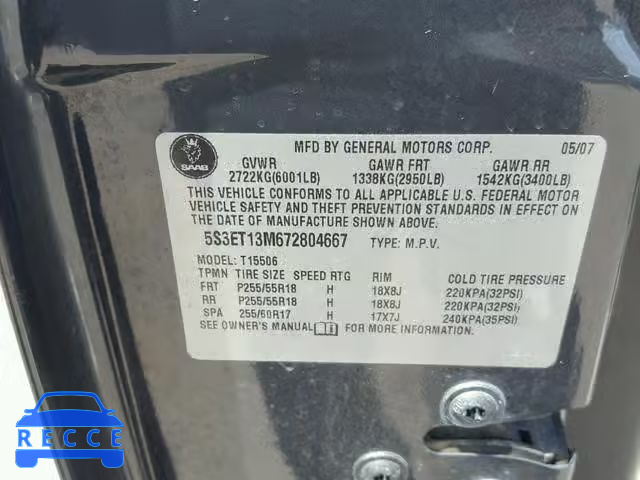 2007 SAAB 9-7X 5.3I 5S3ET13M672804667 зображення 9