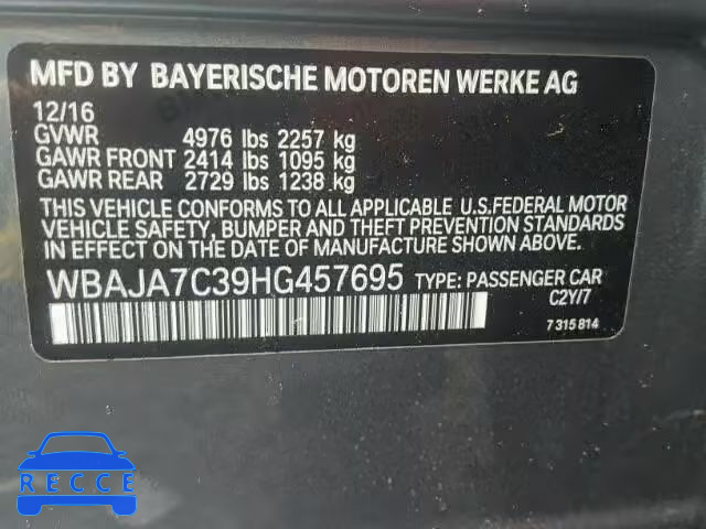 2017 BMW 530 XI WBAJA7C39HG457695 зображення 9