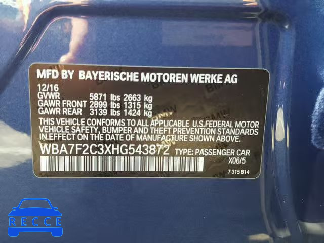2017 BMW 750 XI WBA7F2C3XHG543872 зображення 9