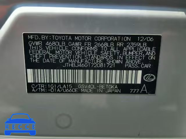 2007 LEXUS ES350 JTHBJ46G172081721 image 9