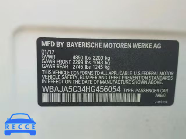 2017 BMW 530 I WBAJA5C34HG456054 зображення 9