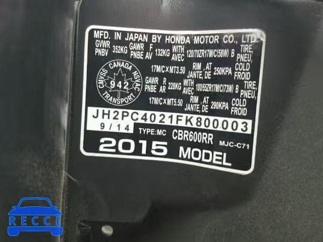 2015 HONDA CBR600 RR JH2PC4021FK800003 Bild 9
