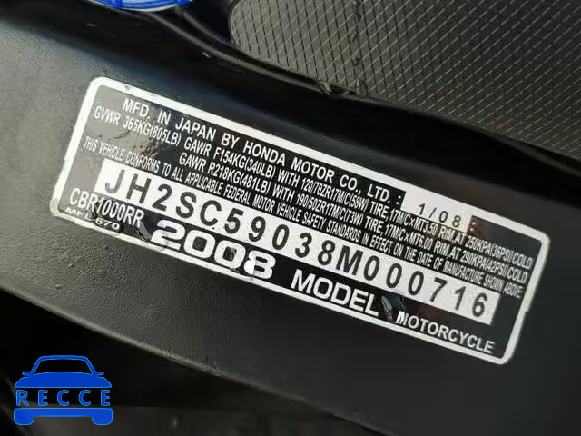 2008 HONDA CBR1000 RR JH2SC59038M000716 image 9