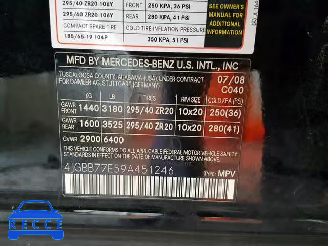 2009 MERCEDES-BENZ ML 63 AMG 4JGBB77E59A451246 зображення 9