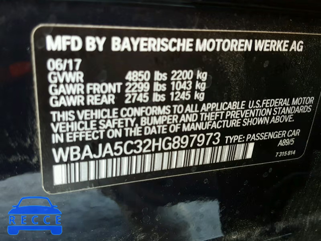 2017 BMW 530 I WBAJA5C32HG897973 зображення 9