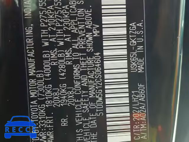 2012 TOYOTA SEQUOIA PL 5TDDW5G12CS064604 image 9