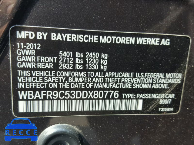 2013 BMW 550 I WBAFR9C53DDX80776 зображення 9