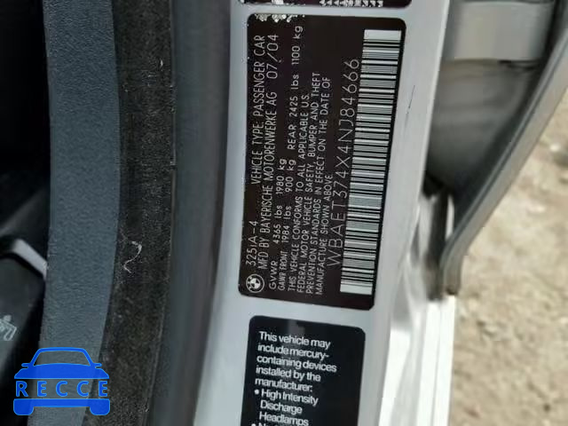 2004 BMW 3 SERIES WBAET374X4NJ84666 image 9