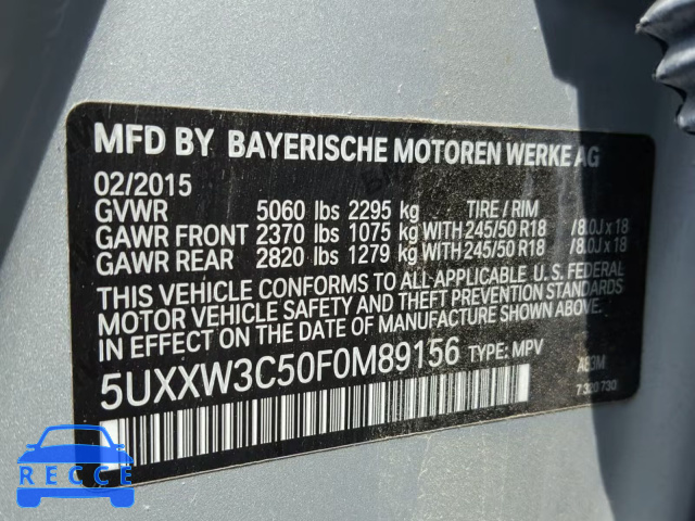 2015 BMW X4 XDRIVE2 5UXXW3C50F0M89156 зображення 9