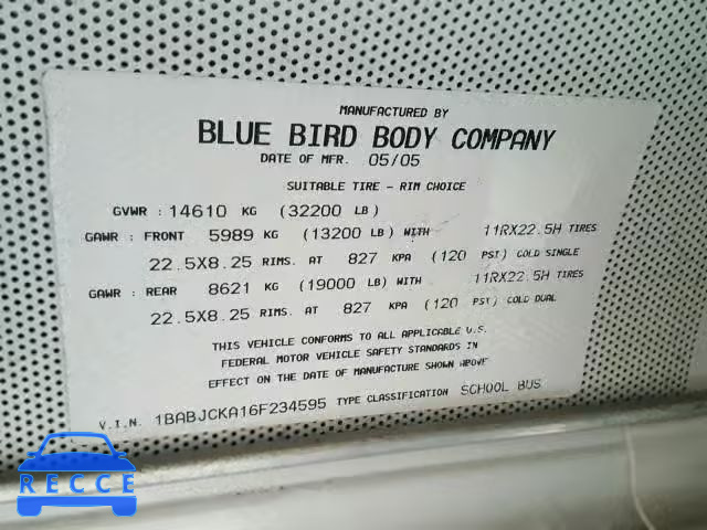 2006 BLUE BIRD SCHOOL BUS 1BABJCKA16F234595 зображення 9