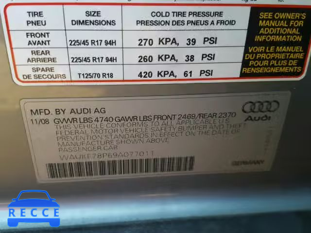 2009 AUDI A3 2.0T QU WAUKF78P69A077011 Bild 9