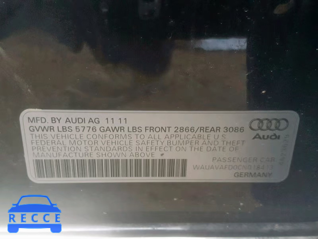 2012 AUDI A8 QUATTRO WAUAVAFD0CN018413 image 9