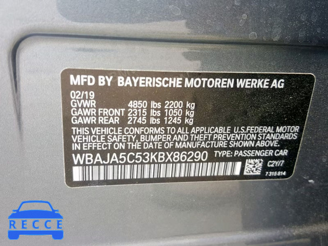 2019 BMW 530 I WBAJA5C53KBX86290 image 9
